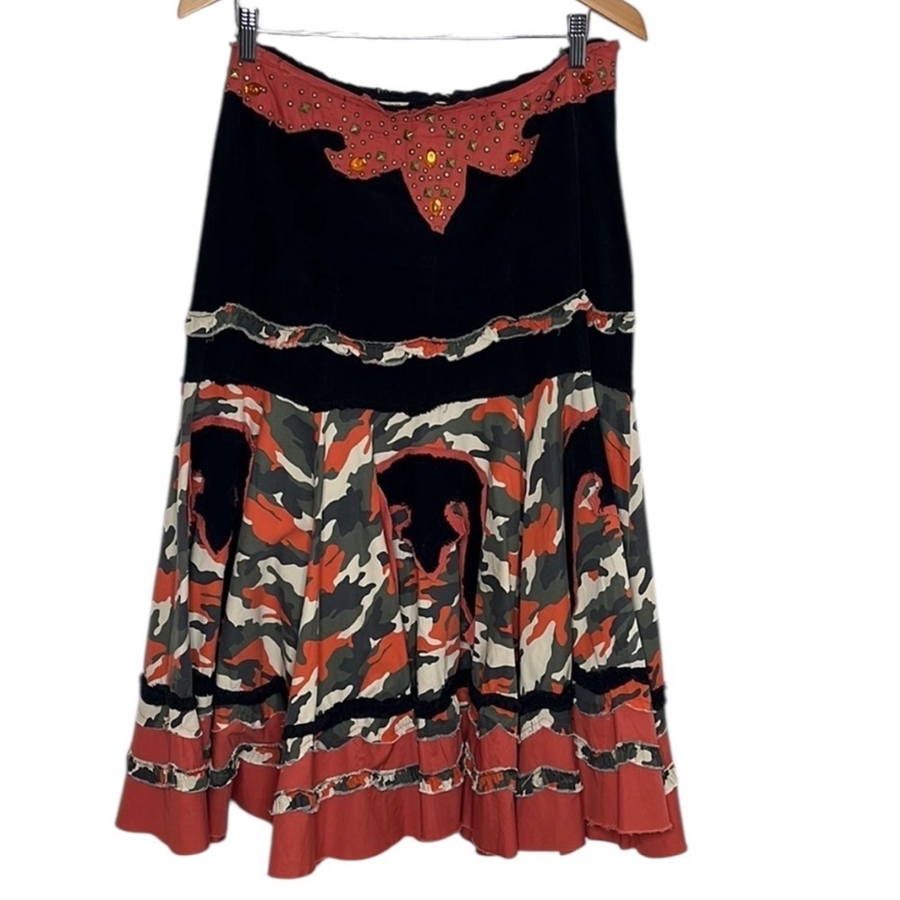 Miss Me Black Orange Jeweled Flair Camo Skirt Women Size L